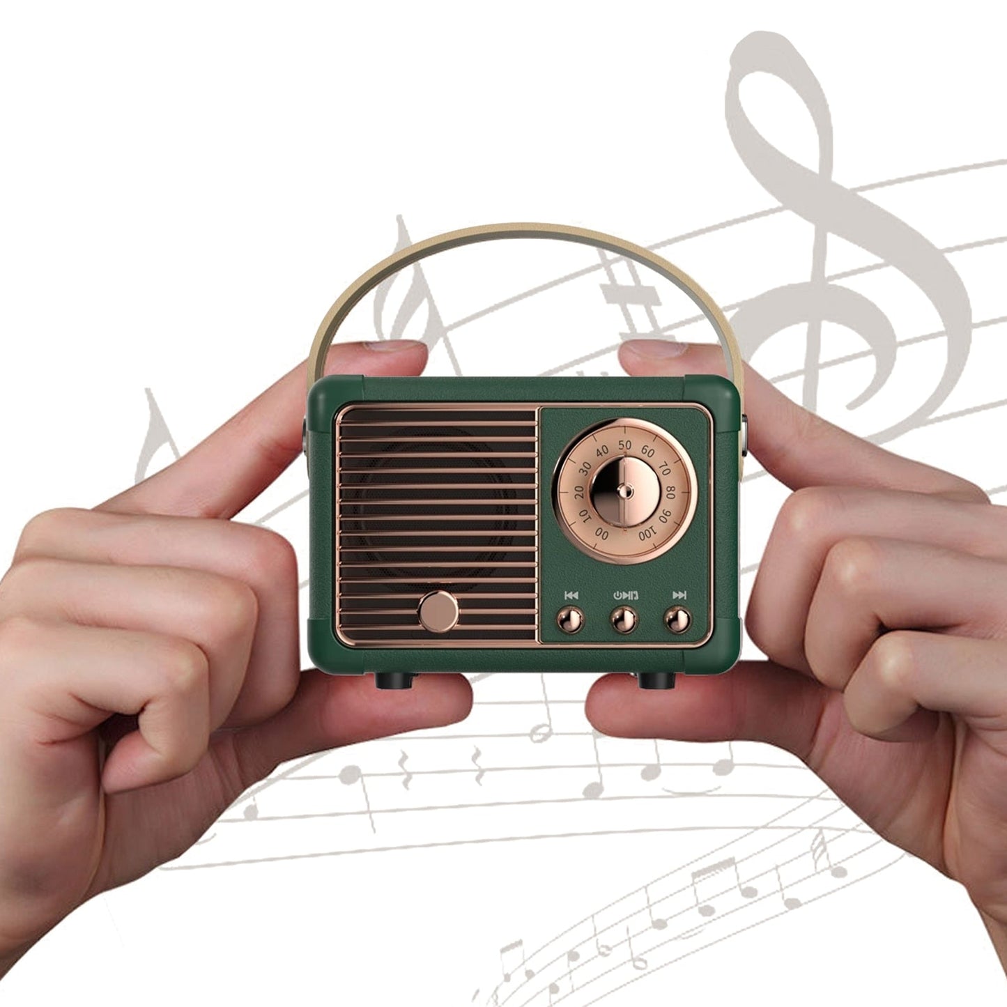 Radio rétro Bluetooth verte, boîtier compact avec poignée et cadran circulaire
