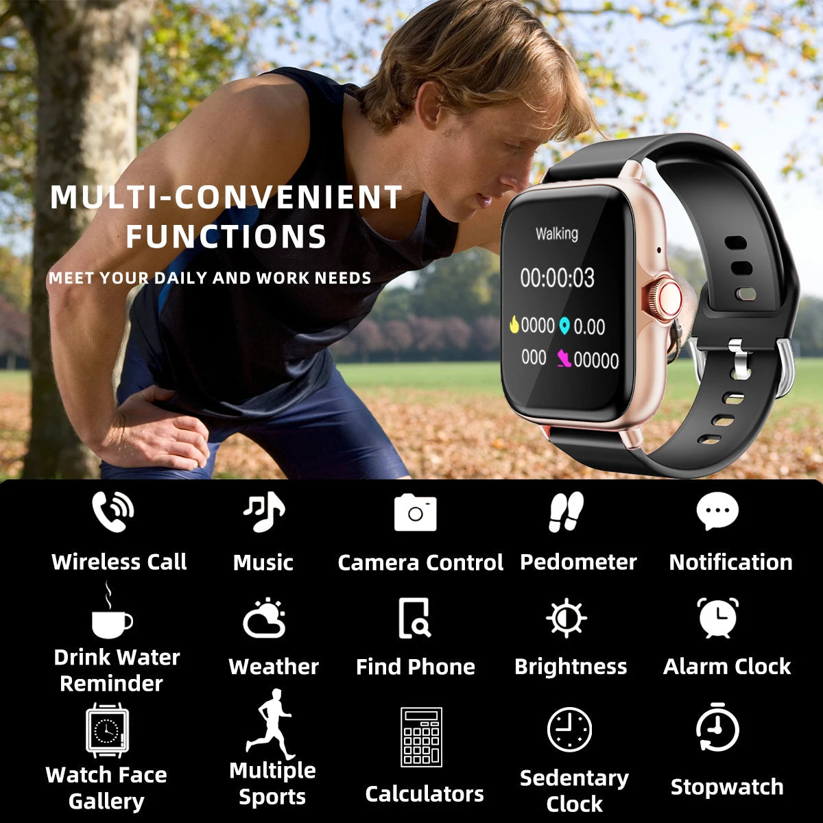 Montre connectée sport noire avec bracelet noir, écran affichant des fonctions