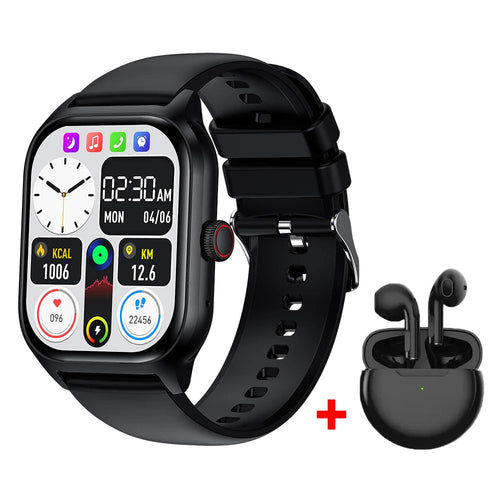 Montre connectée noire avec bracelet silicone, écran couleur et écouteurs sans fil