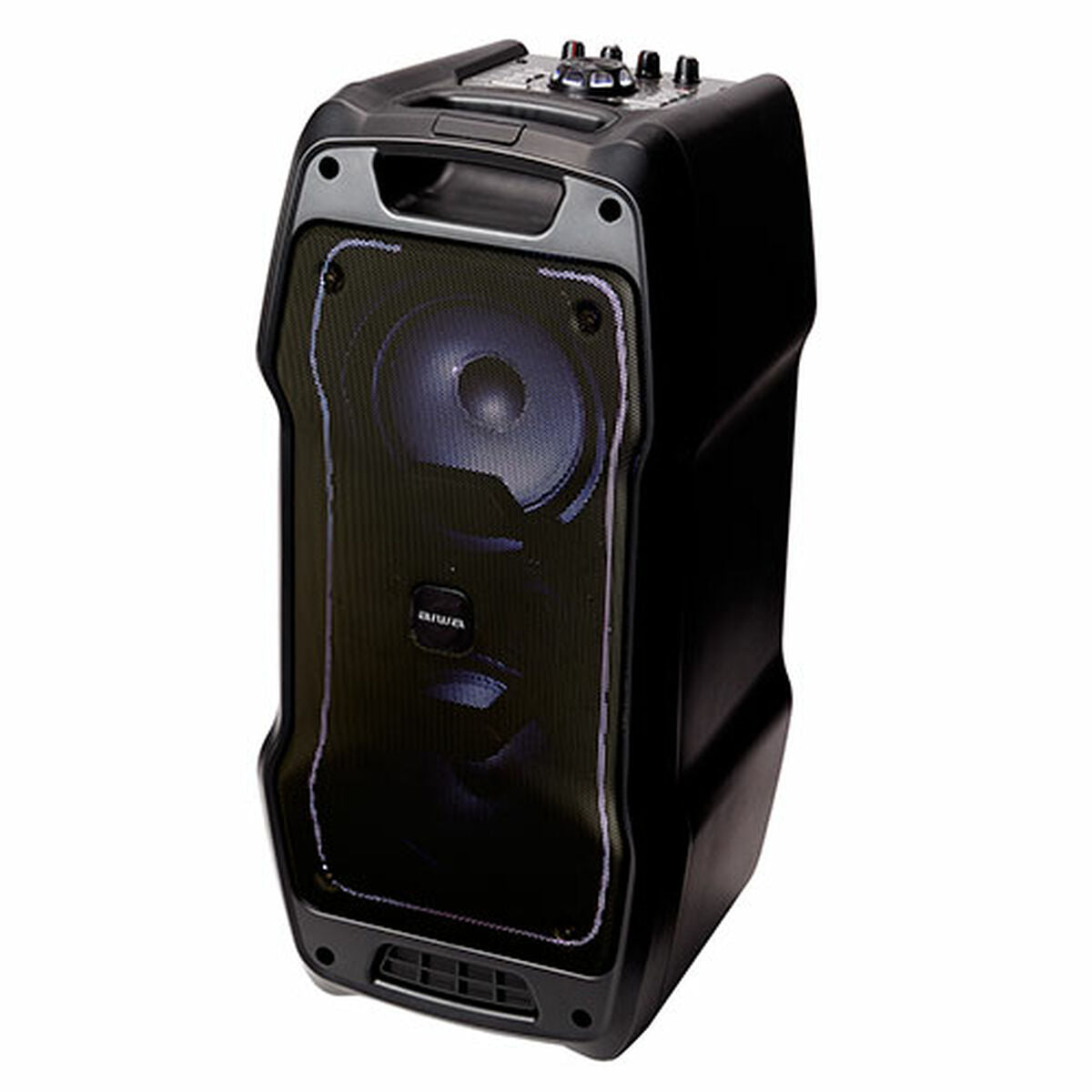 Enceinte Bluetooth portable Aiwa noire, grille frontale et boutons de contrôle en haut