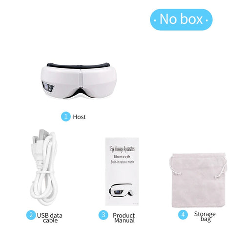 Massageur des yeux blanc sans boîte, accessoires : câble, manuel et sac de rangement