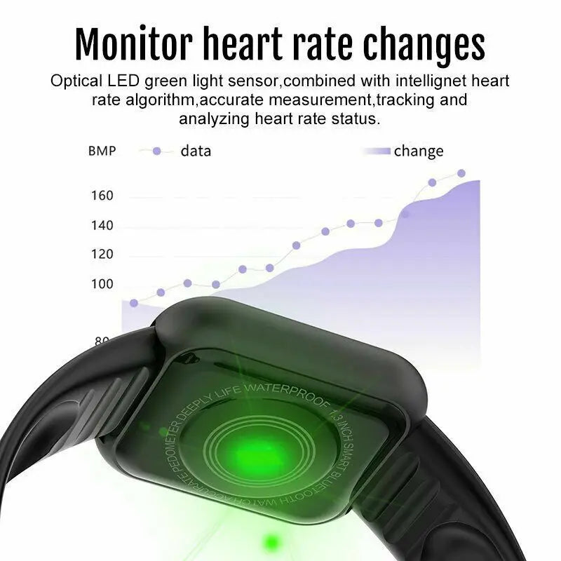 Montre connectée multifonction à bracelet noir, capteur vert lumineux sur l’écran noir.