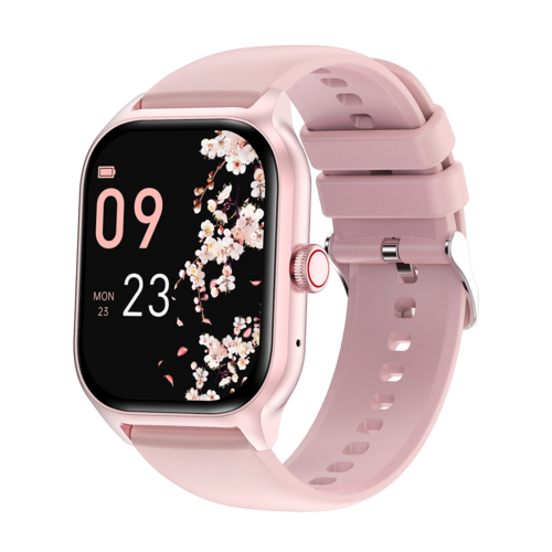 Montre connectée rose pâle avec bracelet en silicone, écran carré décor floral