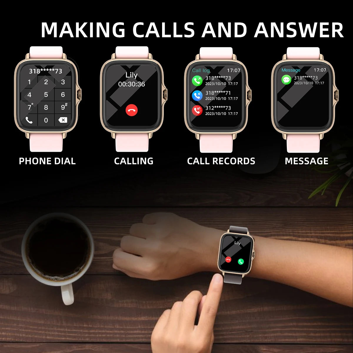 Montre connectée sport à bracelet rose, écran affichant appels et messages
