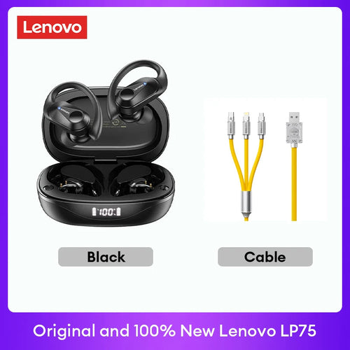 Écouteurs TWS Lenovo noirs avec boîtier de charge et câble de connexion