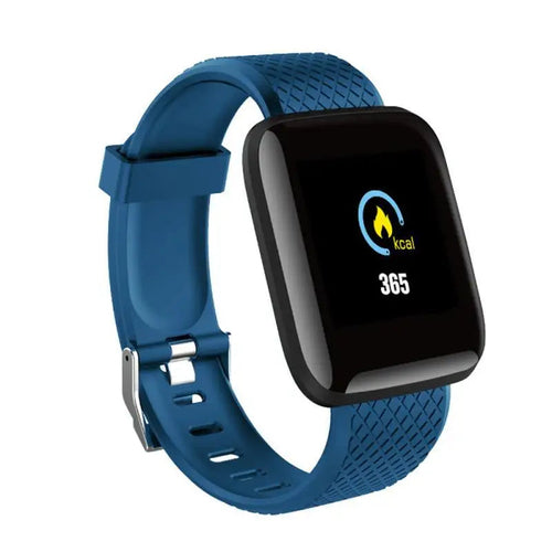 Montre connectée multifonction à bracelet bleu, écran noir affichant 365 kcal.