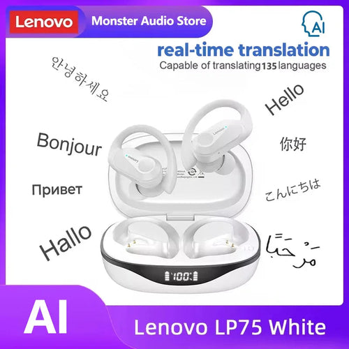 Écouteurs TWS Lenovo LP75 blancs avec boîtier de charge, deux écouteurs visibles