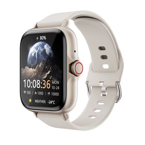 Montre connectée sport à bracelet blanc, écran noir avec météo et température