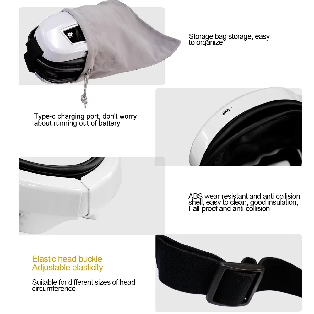 Massageur des yeux blanc avec port de recharge USB-C, attache réglable
