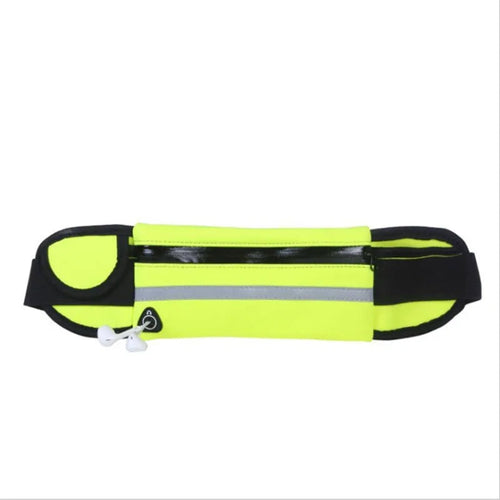 Ceinture de running vert fluo et noire avec fermeture zippée et bande réfléchissante.