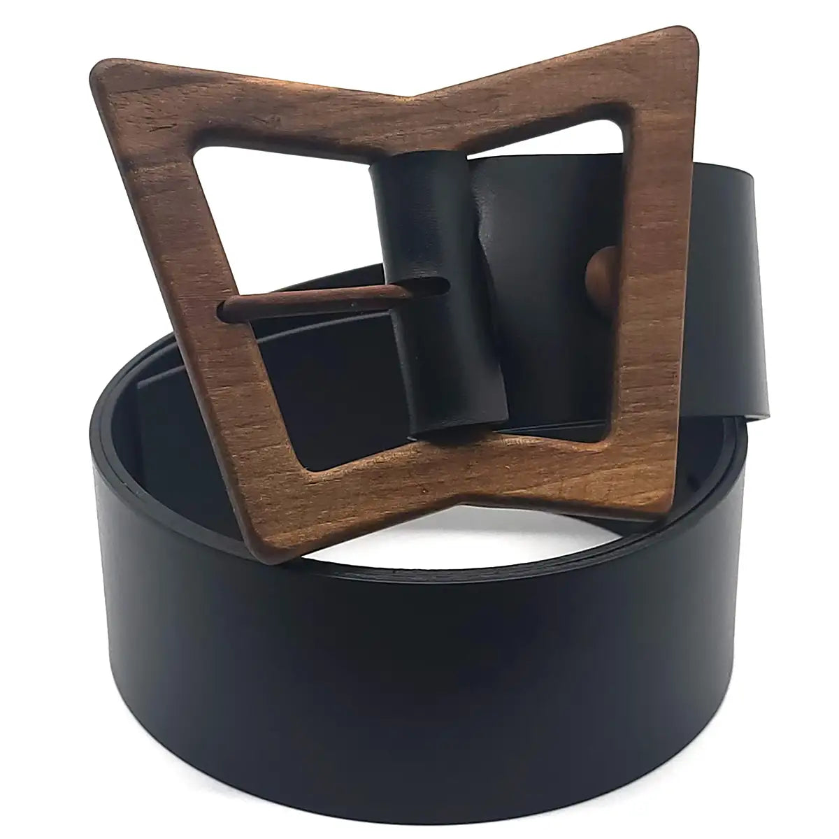 Ceinture en cuir noir avec boucle en bois rectangulaire