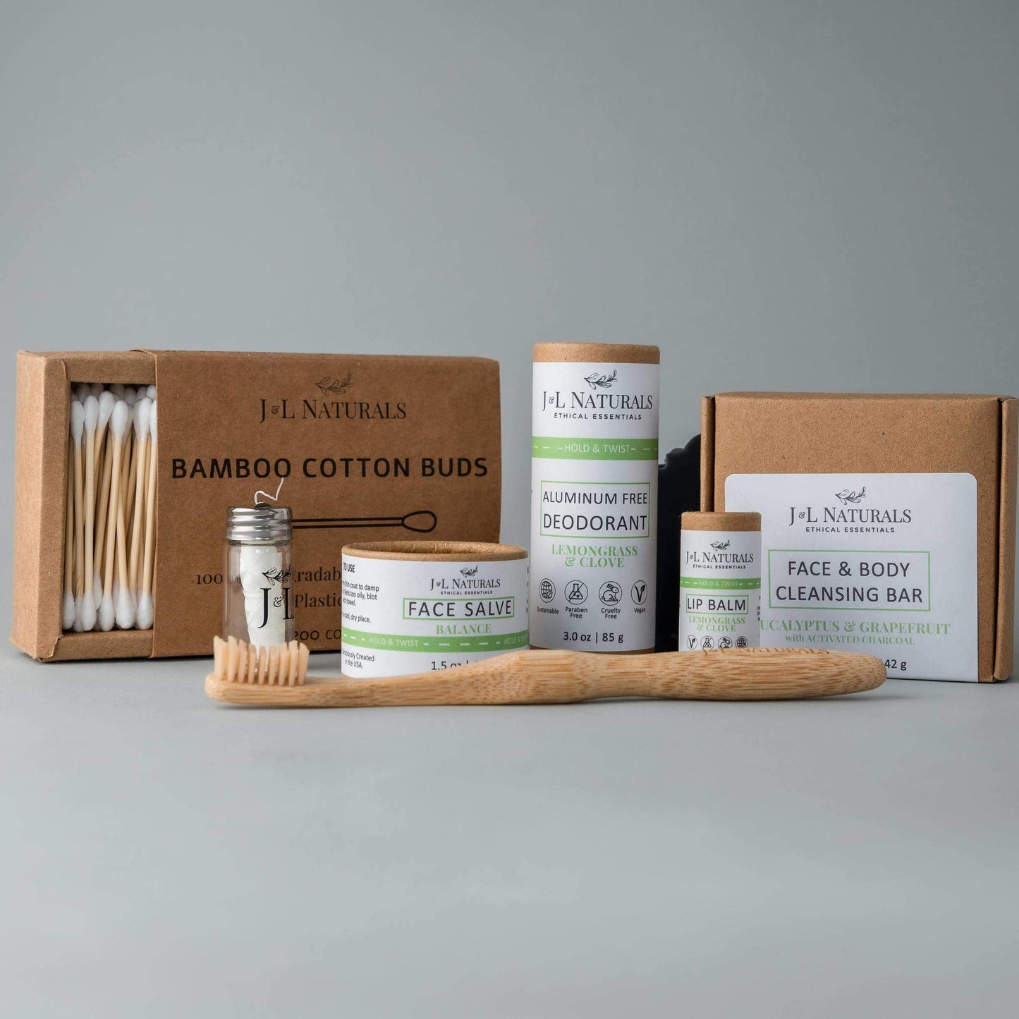 Coffret de soins J.L. Naturals 7 pièces : coton, déodorant, baume lèvres, savon nettoyant
