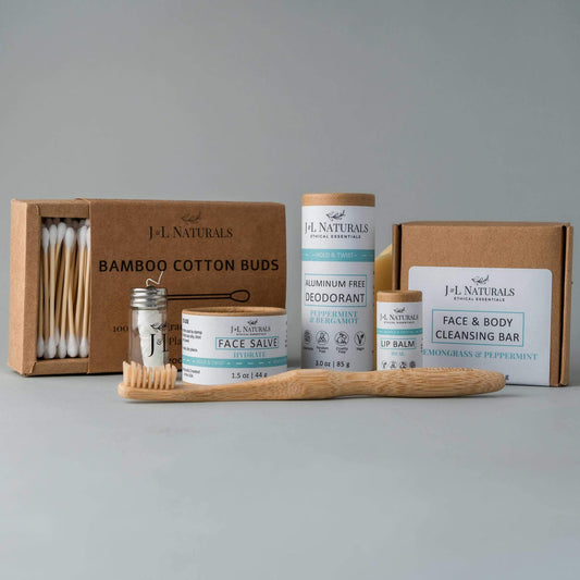 Coffret de soins J.L. Naturals : bâtonnets coton, déodorant, baume lèvres, savon nettoyant