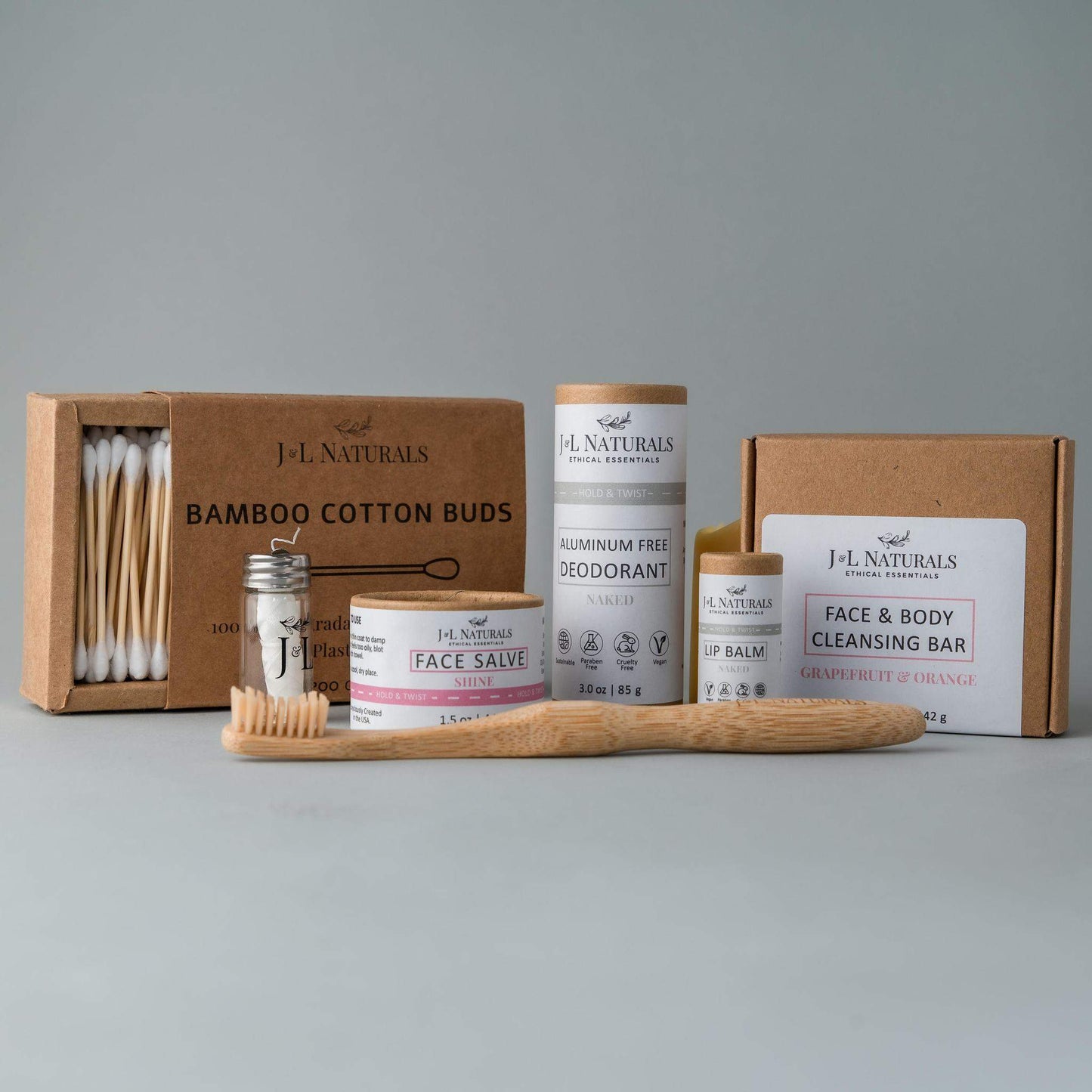 Coffret de soins J.L. Naturals avec produits visage et corps : savon, baume lèvres, déodorant