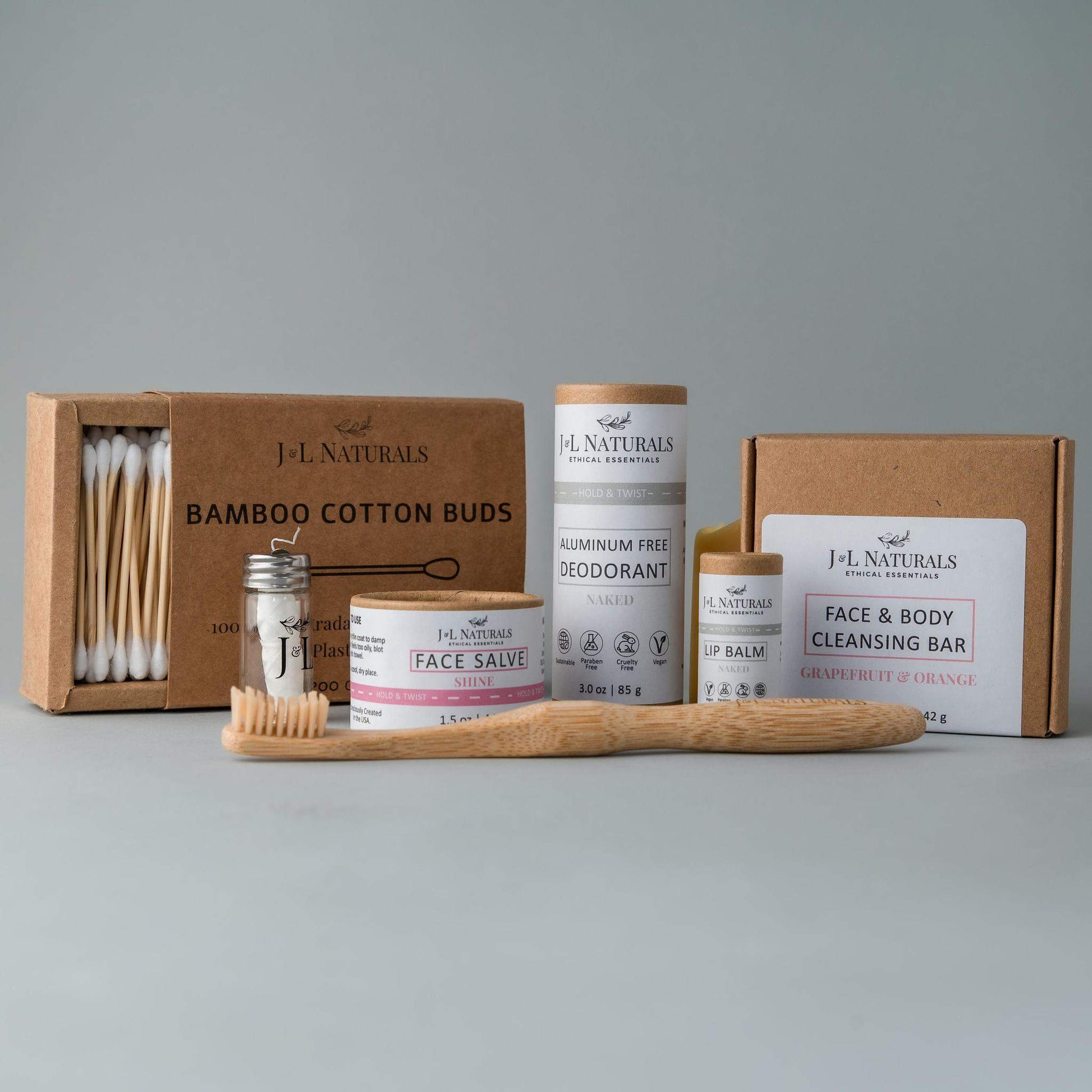 Coffret de soins J.L. Naturals avec produits visage et corps : savon, baume lèvres, déodorant