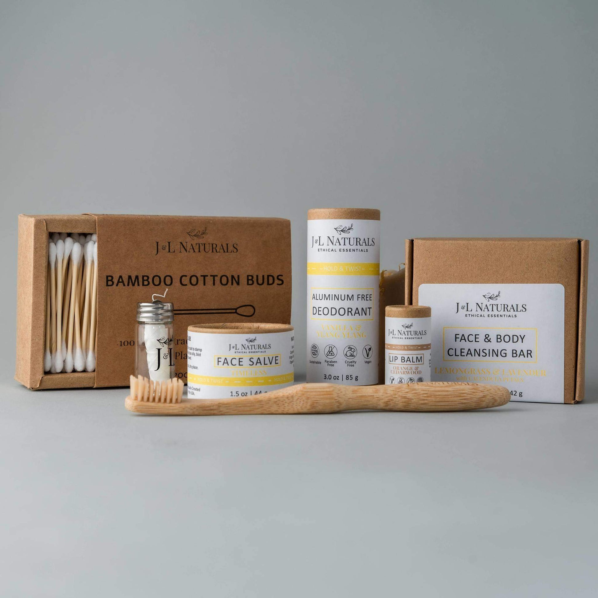 Coffret de soins J.L. Naturals : bâtonnets coton, déodorant sans aluminium, savon nettoyant