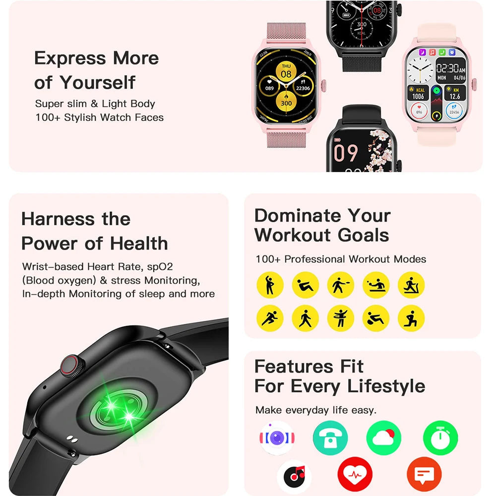 Montre connectée noire et rose pâle avec bracelet, affichage de cadran et capteurs