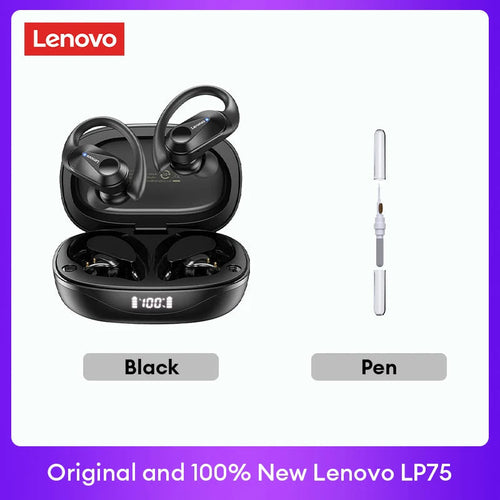 Écouteurs TWS Lenovo LP75 noirs avec étui de charge et stylet de nettoyage