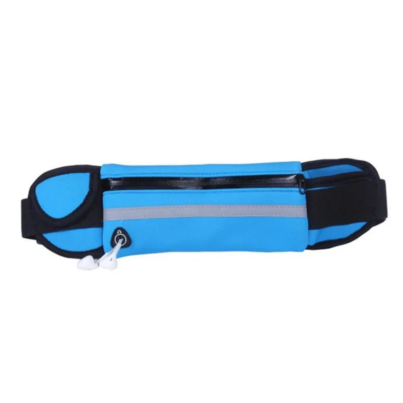 Ceinture de running bleue et noire avec fermeture zippée et bande réfléchissante.