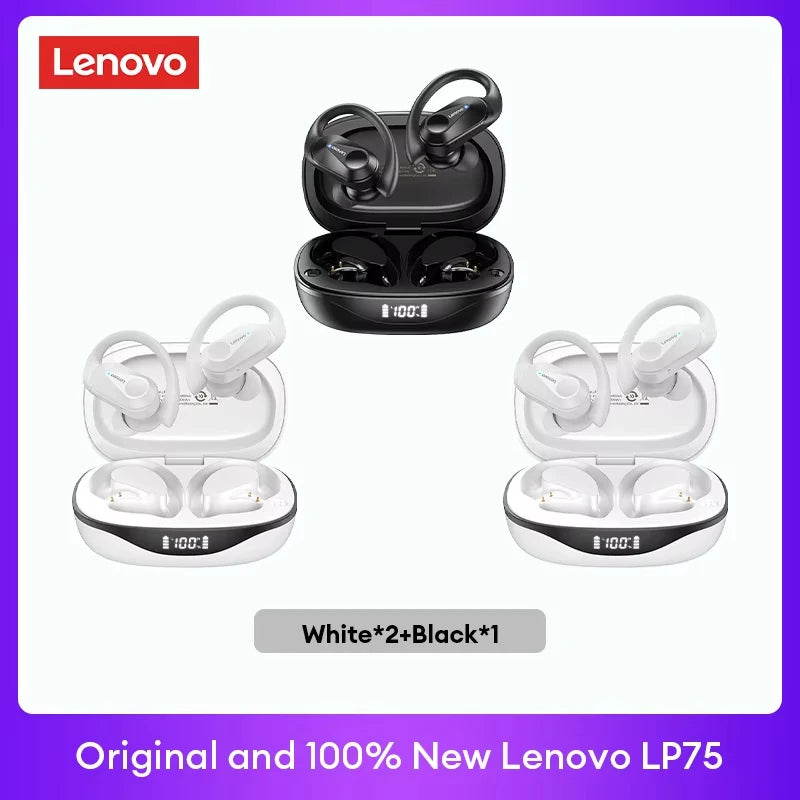 Écouteurs TWS Lenovo LP75 blanc et noir avec étuis de recharge