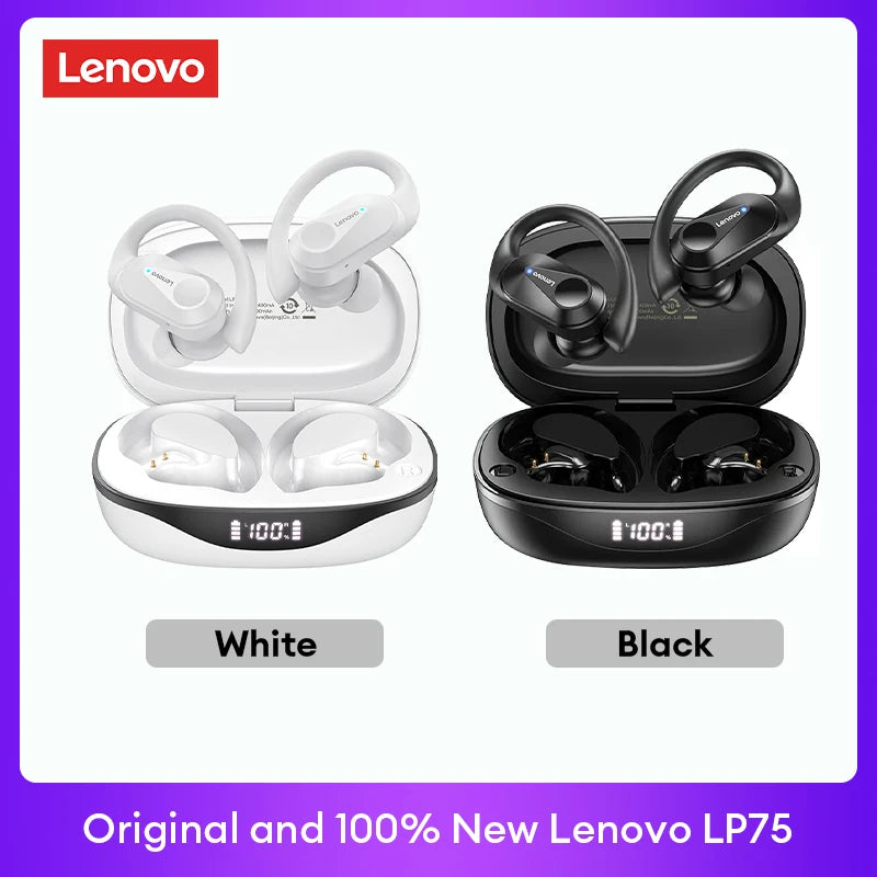 Ensemble d’écouteurs TWS Lenovo LP75 blanc et noir avec étuis de recharge