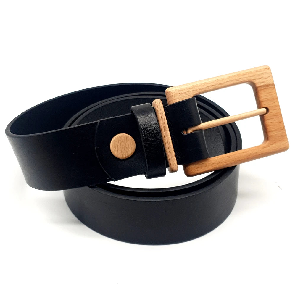 Ceinture cuir noire avec boucle rectangulaire en bois clair et lanière double