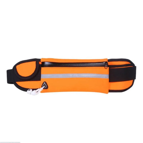 Ceinture de running orange et noire avec bande réfléchissante et poche zippée.