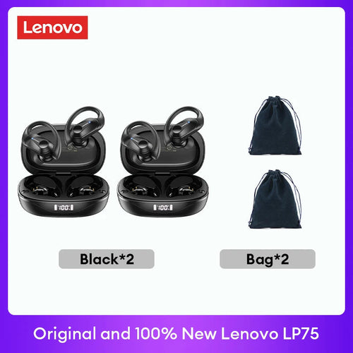 Écouteurs TWS Lenovo LP75 noirs avec deux sacs de rangement