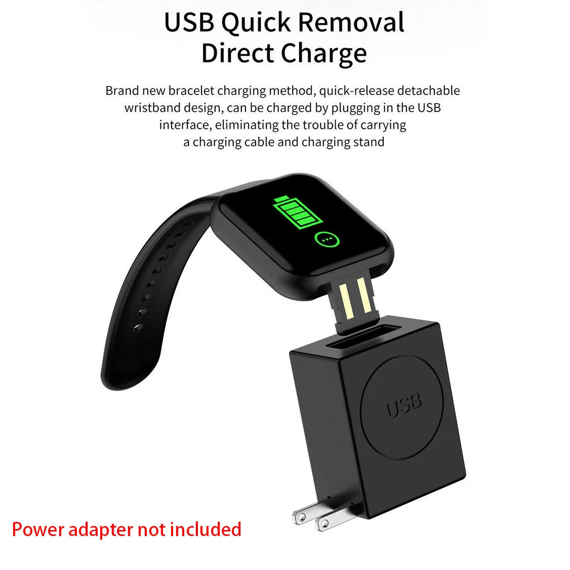Montre connectée multifonction à bracelet noir avec chargeur USB noir et câble.
