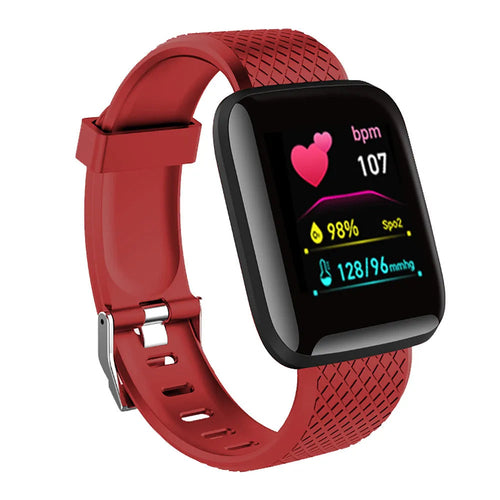 Montre connectée multifonction à bracelet rouge, écran noir avec cœur et fréquence 107.