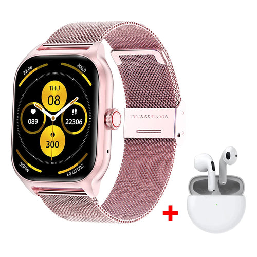 Montre connectée rose avec bracelet tressé, écran noir; écouteurs sans fil inclus