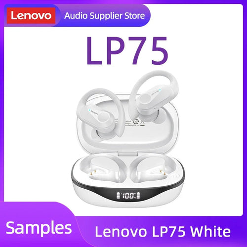 Écouteurs TWS Lenovo LP75 blancs et boîtier de charge ovale, écouteurs visibles