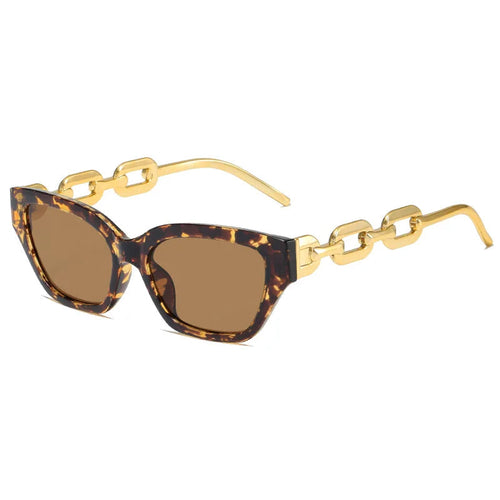 Lunettes de soleil œil-de-chat à monture écaille marron, verres miroirs bruns, temples chaîne dorée.