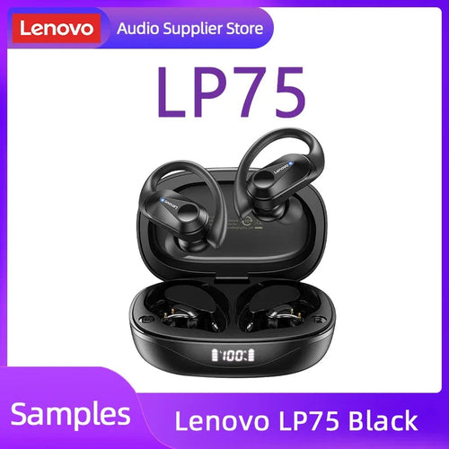 Écouteurs TWS Lenovo LP75 noirs dans leur étui de recharge