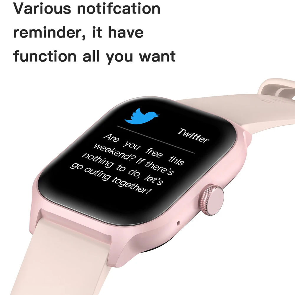 Montre connectée rose pâle avec bracelet en silicone, écran noir avec icônes
