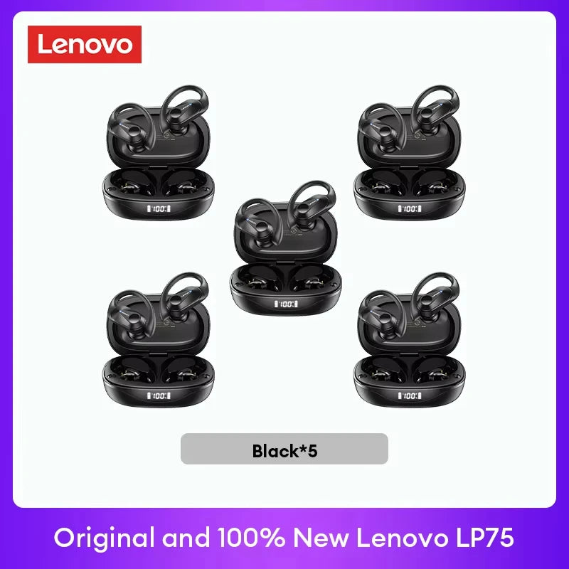 Écouteurs TWS Lenovo LP75 noirs, plusieurs paires avec étuis de recharge