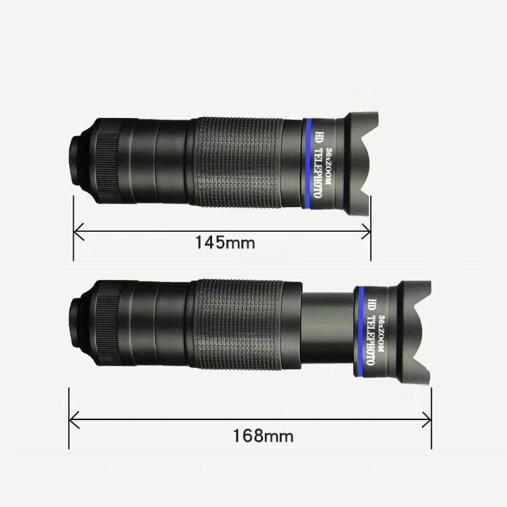 Objectif télescopique noir pour smartphone, dimensions en vue rapprochée