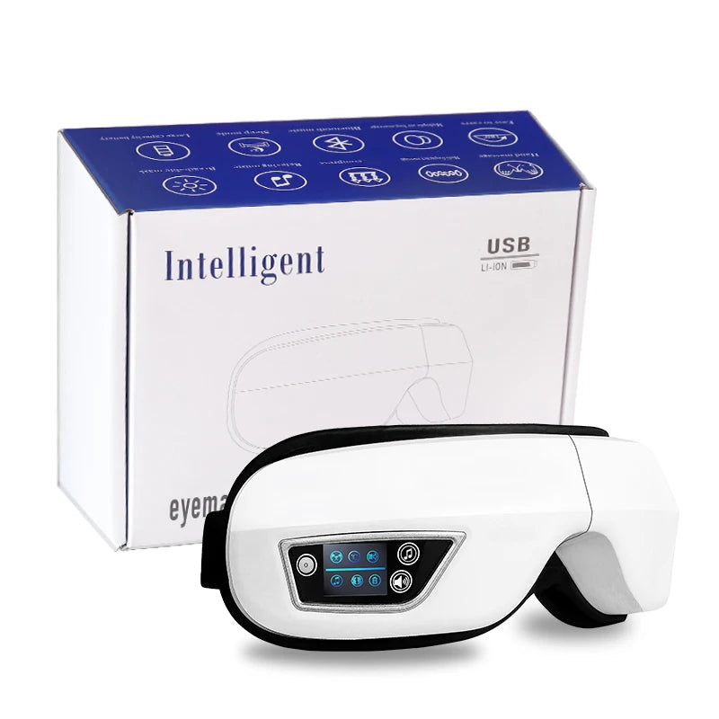 Massageur pour les yeux blanc avec boîte, design compact et bandeau noir