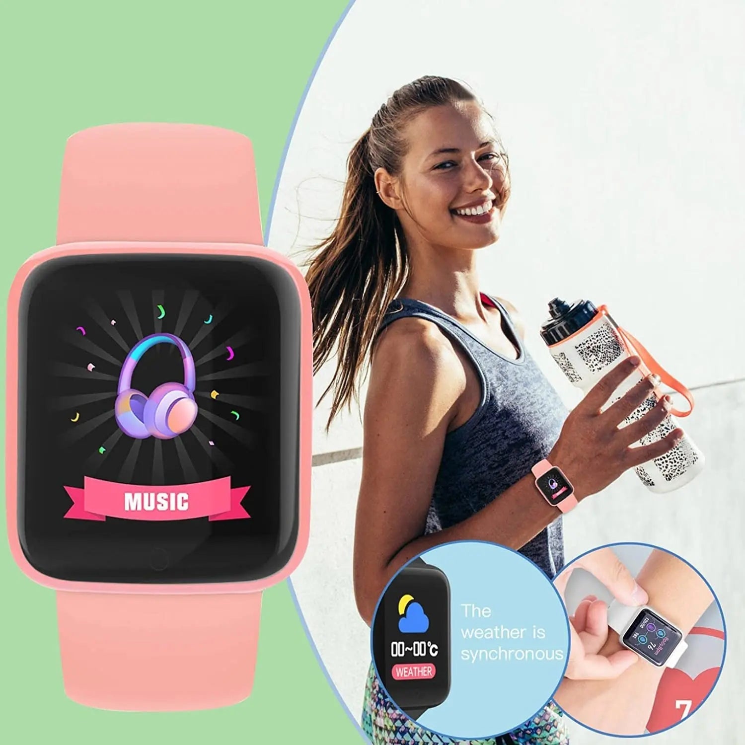 Montre connectée multifonction à bracelet rose pâle, écran noir avec icônes musique.