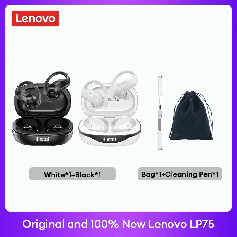 Écouteurs TWS Lenovo LP75 blanc et noir, stylet, câble et sac de rangement