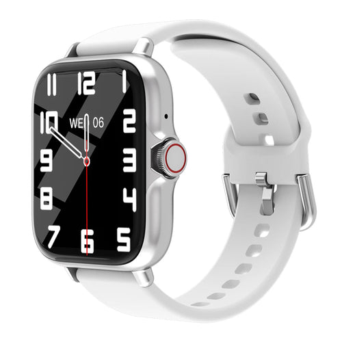 Montre connectée sport à bracelet blanc, écran noir avec cadran analogique