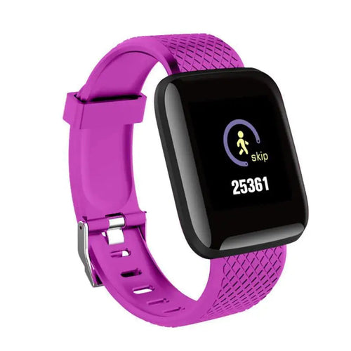 Montre connectée violette, écran noir, bracelet silicone texturé violet