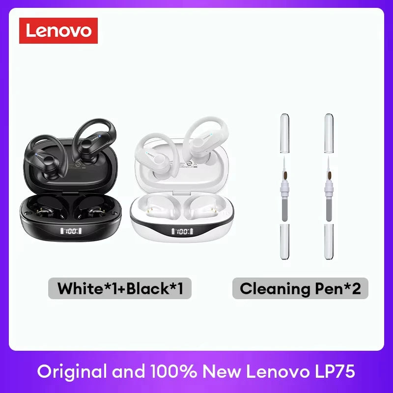 Lot d’écouteurs TWS Lenovo LP75 blanc et noir avec deux stylos de nettoyage