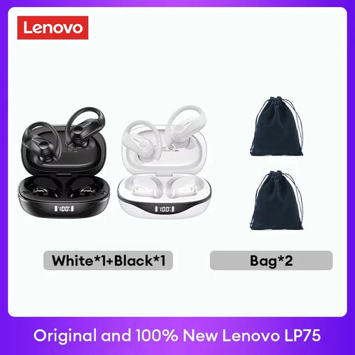Ensemble d’écouteurs TWS Lenovo blanc et noir, avec deux pochettes