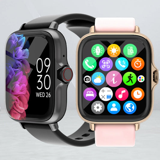 Montres connectées sport : modèle noir à écran floral et modèle doré rosé à bracelet rose