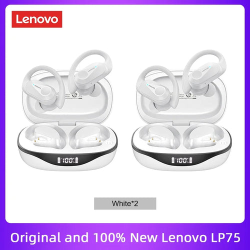 Écouteurs TWS Lenovo LP75 blancs avec boîtier de charge, écouteurs dans l’étui
