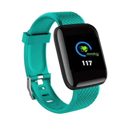 Montre connectée vert/bleu, écran noir, bracelet silicone texturé vert
