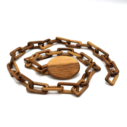 Ceinture en bois noyer à chaînon tressé, boucle ovale posée à plat