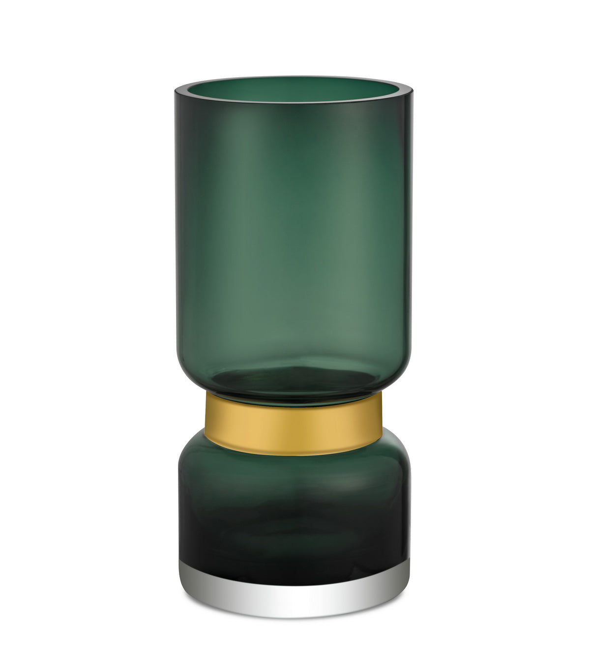 Vase cylindrique en verre vert, ruban doré 18K, hauteur env. 28 cm