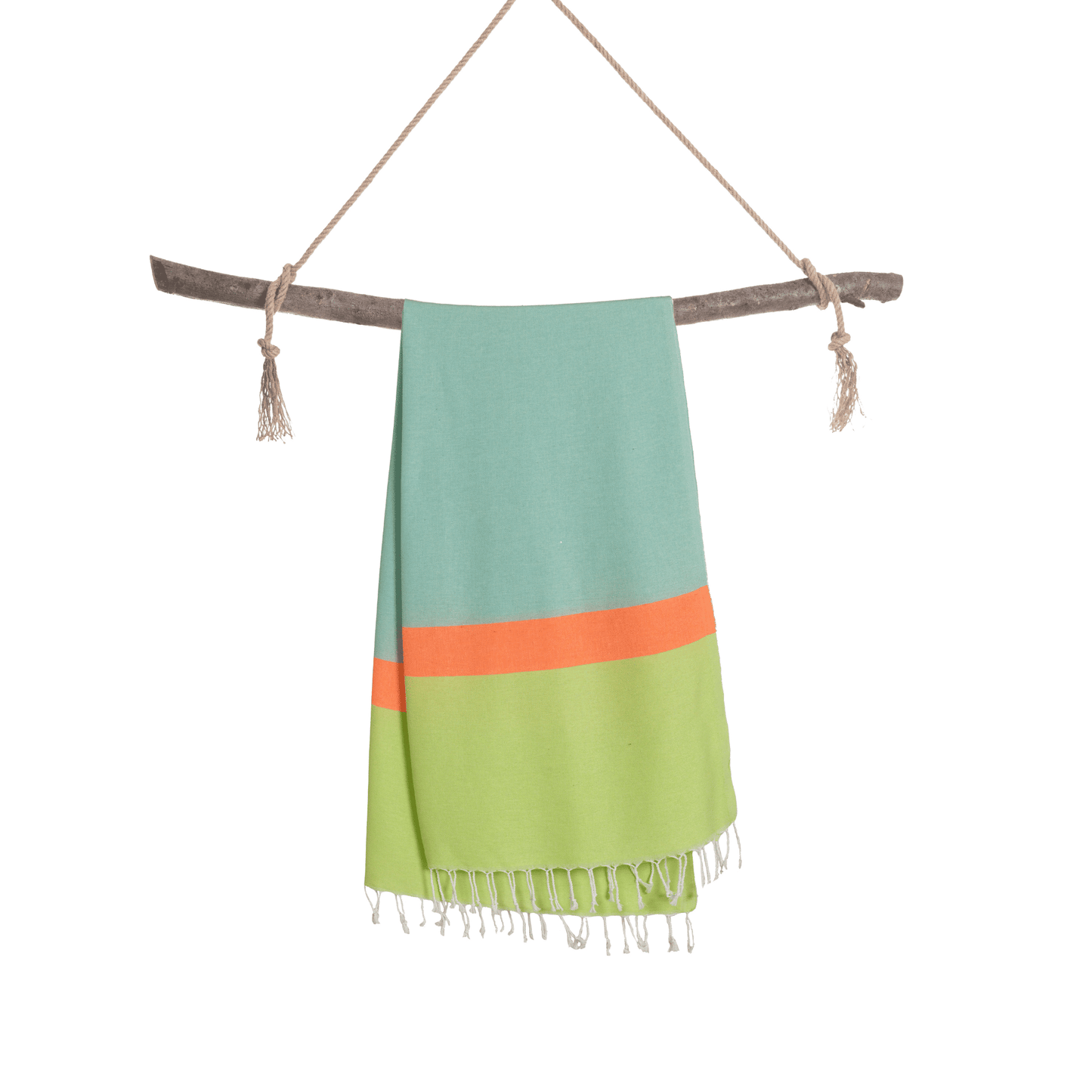 Sac serviette de plage vert d’eau et vert, rayure corail, franges, anses suspendues